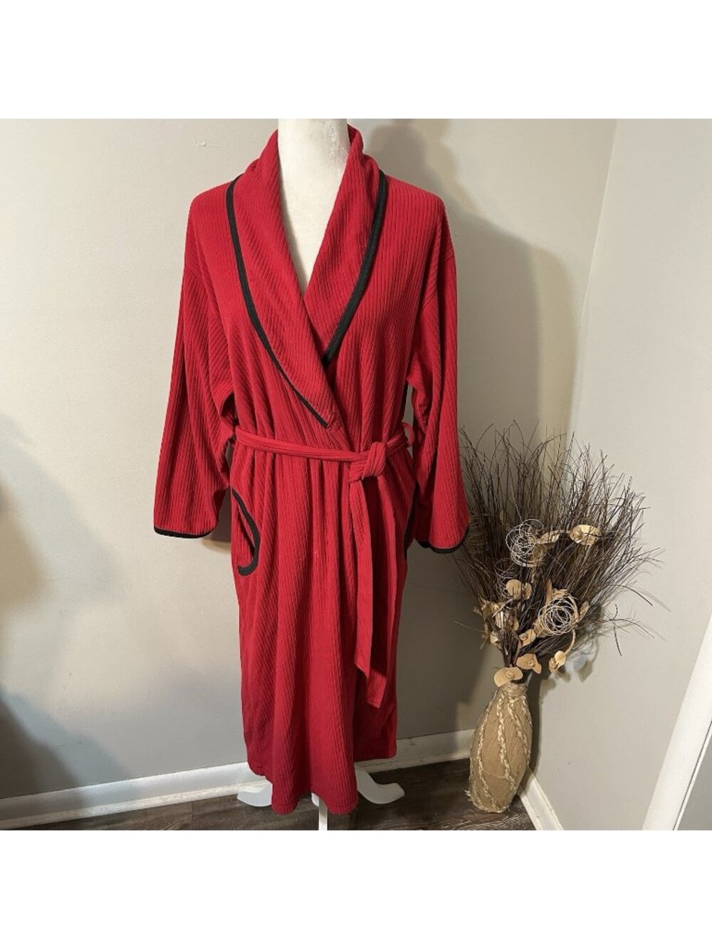 Vintage Vanity Fair Women Red Long Sleeve Ribbed Belted Wrap Bath Robe Midi Sz L